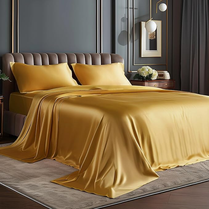 BEDELITE King Size Sheets Set, Luxury Soft Gold Satin Sheets by BEDELITE