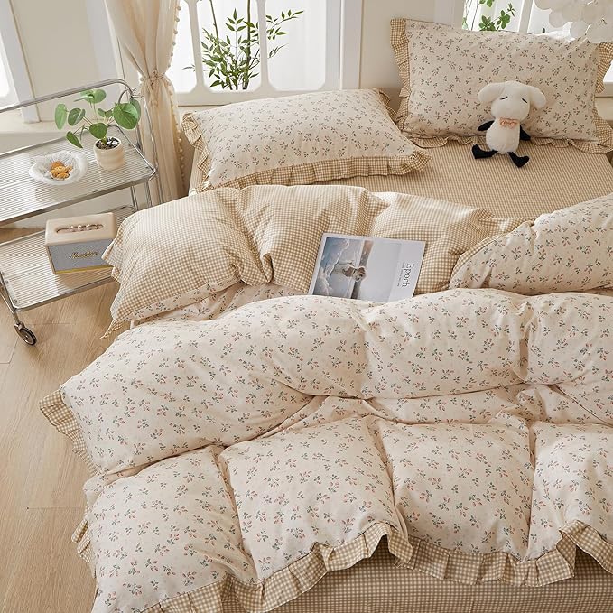 mixinni Beige Floral Duvet Cover Full Size, 100% Cotton Cute Strawberry Floral - Image 5