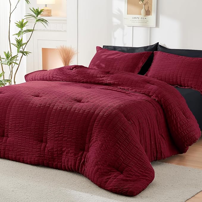 HYMOKEGE Red & Black Twin Comforter Set Seersucker 5 Pieces, All Season Luxury - Image 7