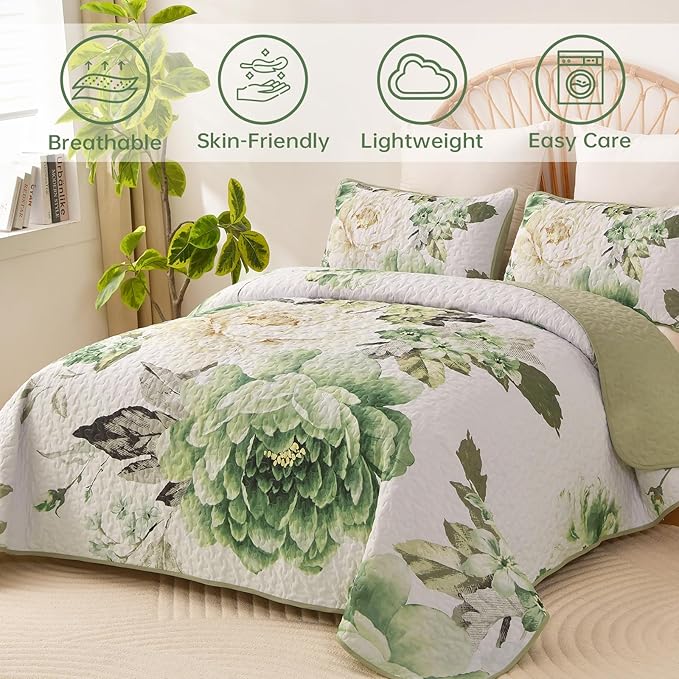WONGS BEDDING Floral Quilt Set Green Queen, Quilted Printed Lightweight - Image 2
