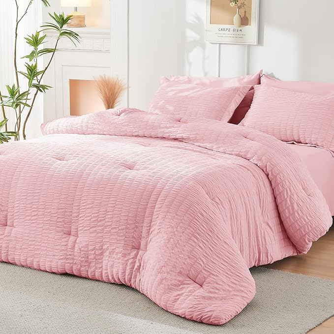 HYMOKEGE Pink Twin Comforter Set Seersucker 5 Pieces, All Season Luxury Bed in - Image 8