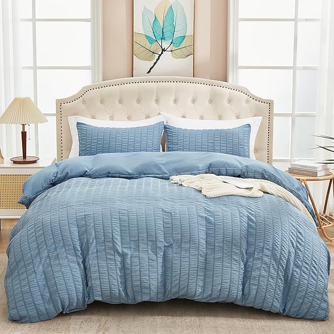 AveLom Grayish Blue Duvet Cover Cal King, 3 Pieces, Seersucker Striped Soft by AveLom