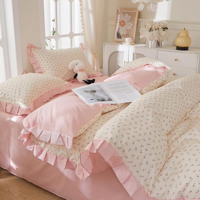 mixinni Pink Floral Duvet Cover Set King Size – 100% Cotton Ruffle Lace Bedding - Image 4