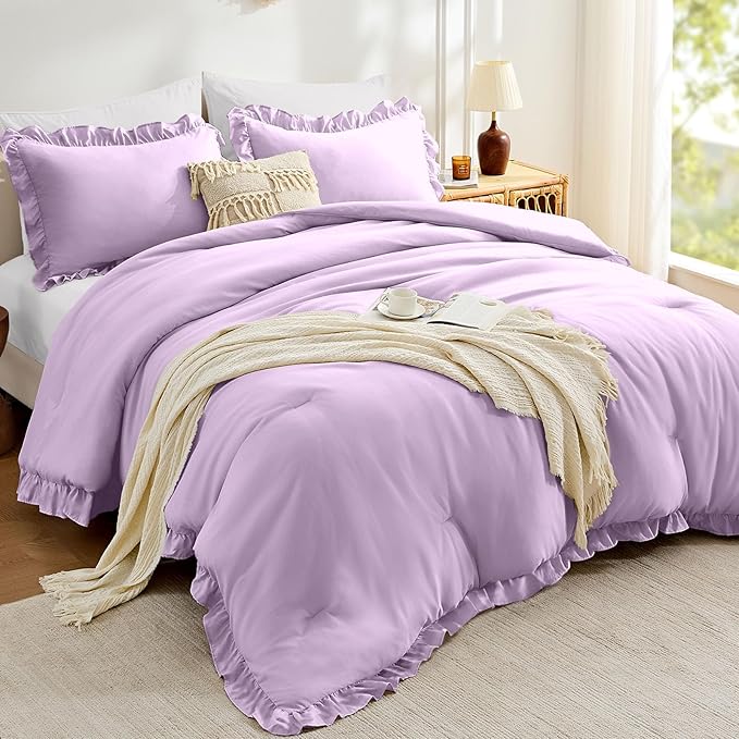 FUANNA King Size Comforter Set Lavender, 3 Pieces Ruffle King Bedding Set by FUANNA