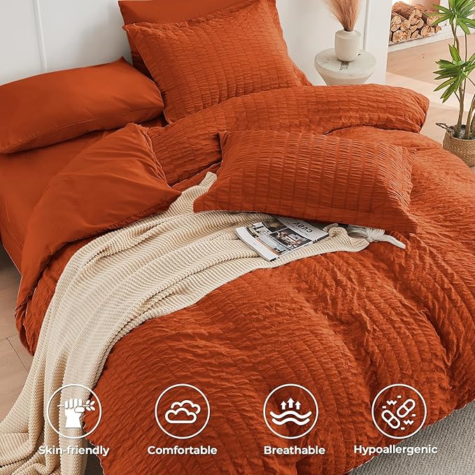 HYMOKEGE Burnt Orange Duvet Cover Full Size, Ultra Soft 3-Piece Seersucker - Image 2