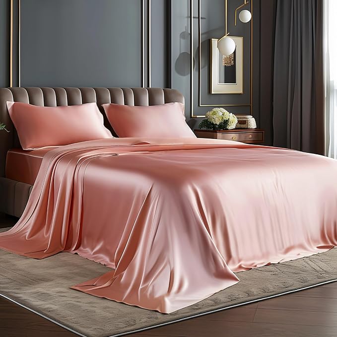 BEDELITE Satin Sheets Queen Size Bed Set, Luxury Soft Rose Pink Silky Sheets by BEDELITE