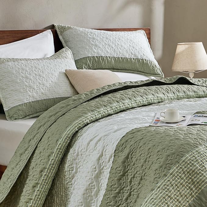 Andency Queen Quilt Bedding Set Weat Green, 3 Pieces Patchwork Summer Striped - Image 9