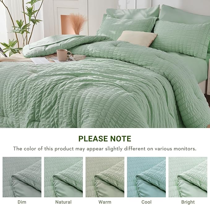 HYMOKEGE Sage Green Full Size Comforter Sets Seersucker 7 Pieces, All Season - Image 6