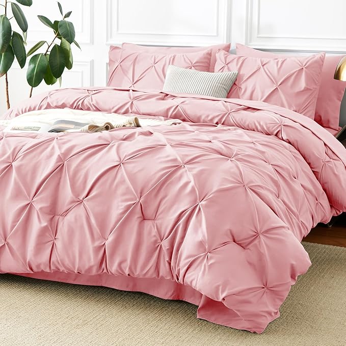 CozyLux King Size Comforter Set Pink, 7 Pieces Pintuck Bed in A Bag Pink by CozyLux