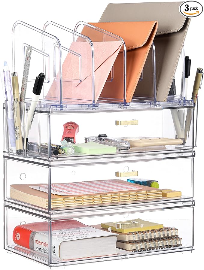 Acrylic Desk Organizer Set, 3 Pack Stackable Desktop Drawer Organizer with 4 Vertical File Holders and 2 Pen Holders, Desk Organizers and Accessories for Home Office Storage-DeskoryOffice
