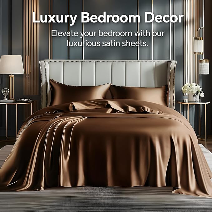 BEDELITE California King Sheets Set, Luxury Soft Brown Satin Sheets - Image 2