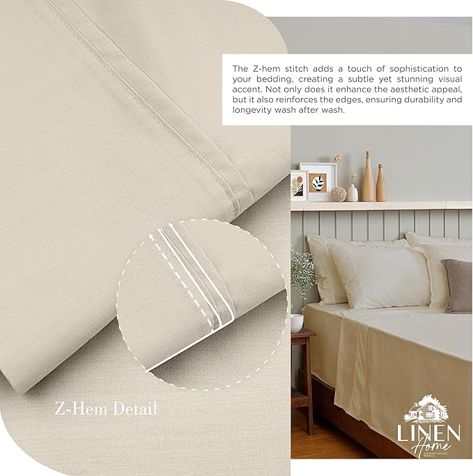 Linen Home 100% Cotton Percale Sheets Full Size, Light Taupe, Deep Pocket - Image 3