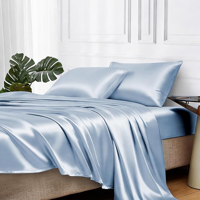 MR&HM Satin Bed Sheets with Elastic Corner Straps, Queen Size Sheets Set by MRHM