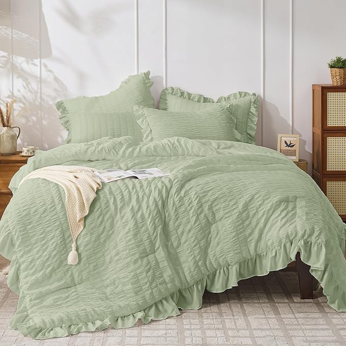 JOLLYVOGUE Sage Green Comforter Full Size, 3 Pieces Seersucker Lightweight Full by JOLLYVOGUE