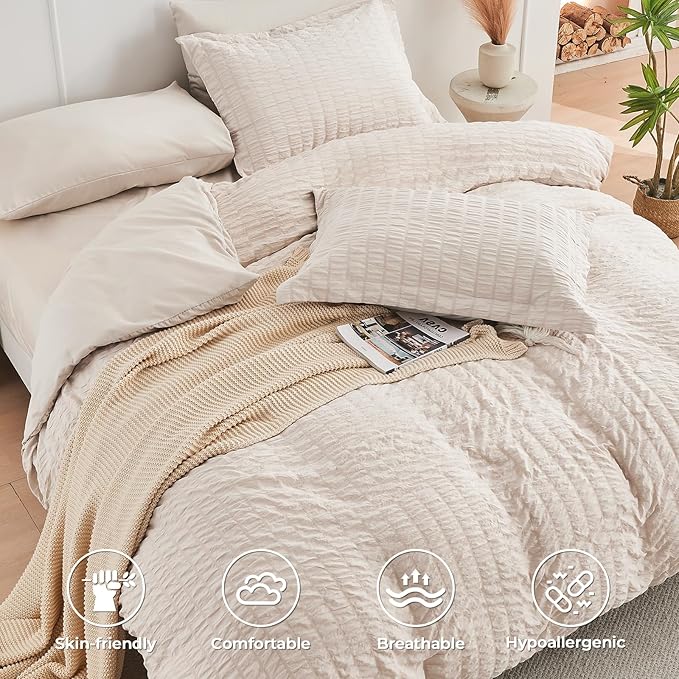 HYMOKEGE Beige California King Comforter Set Seersucker 7 Pieces, All Season - Image 4