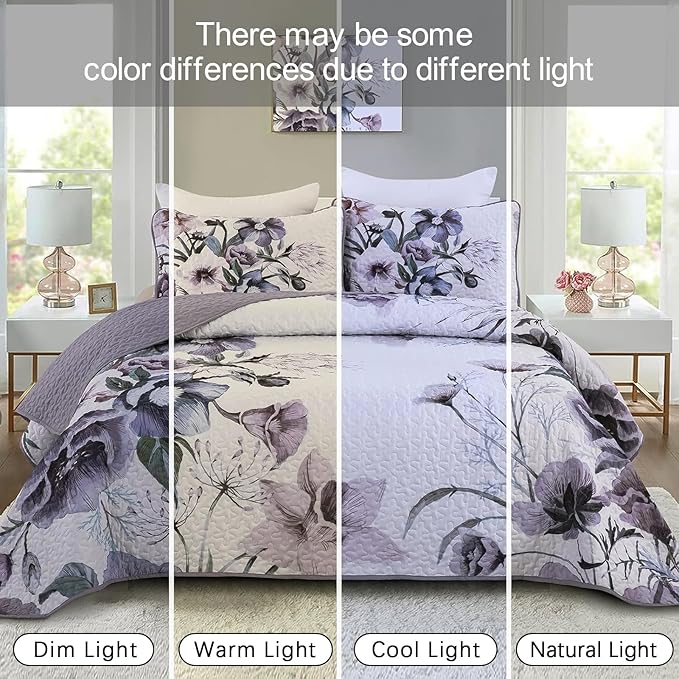 Drucon Purple Floral Quilt Set Queen Size 3 Pieces Purple Botanical Flower - Image 5