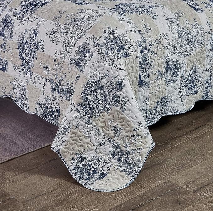 Brilliant Sunshine Blue Toile in Beige and Ivory Patches, 3-Piece Quilt Set - Image 5