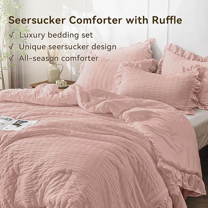 JOLLYVOGUE Queen Comforter Set, 3 Pieces Rose Gold Seersucker Comforters Queen - Image 3