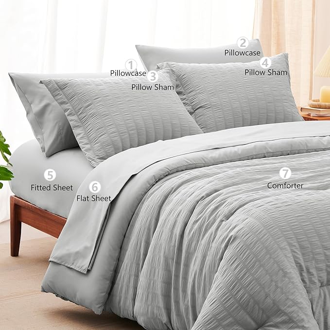 CozyLux Queen Comforter Set Light Grey Seersucker 7 Pieces Bed in a Bag Queen - Image 8