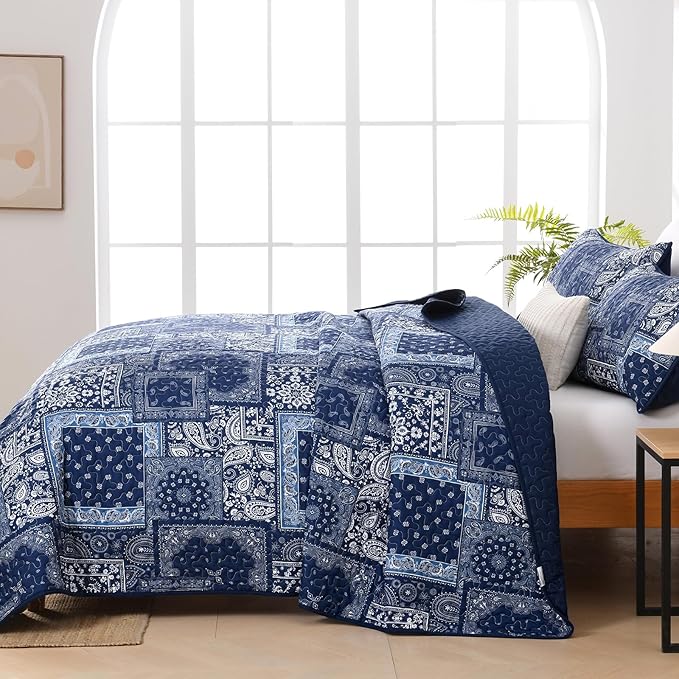 Cottolester Blue Patchwork Quilt Set Queen Size, Boho Navy Blue Quilt Set - Image 6