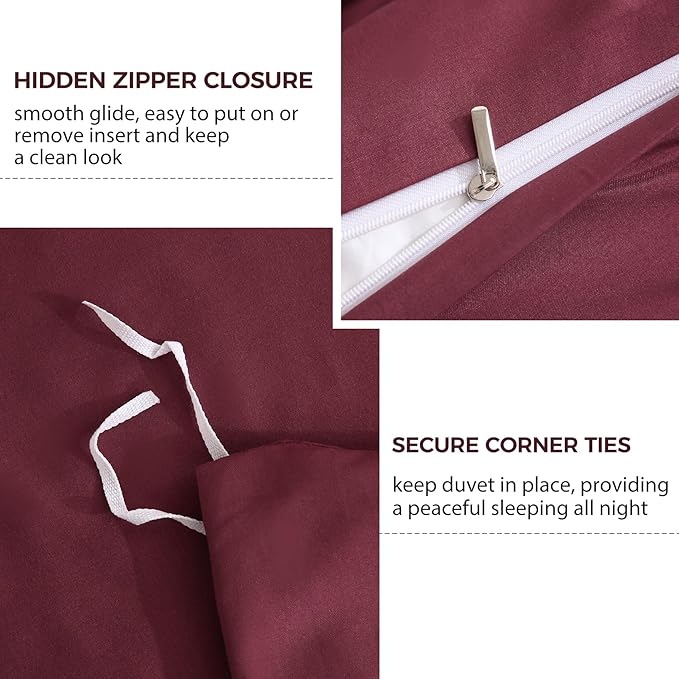 JSD Burgundy Duvet Cover Set Queen Size, 3 Piece Duvet Cover - Image 3