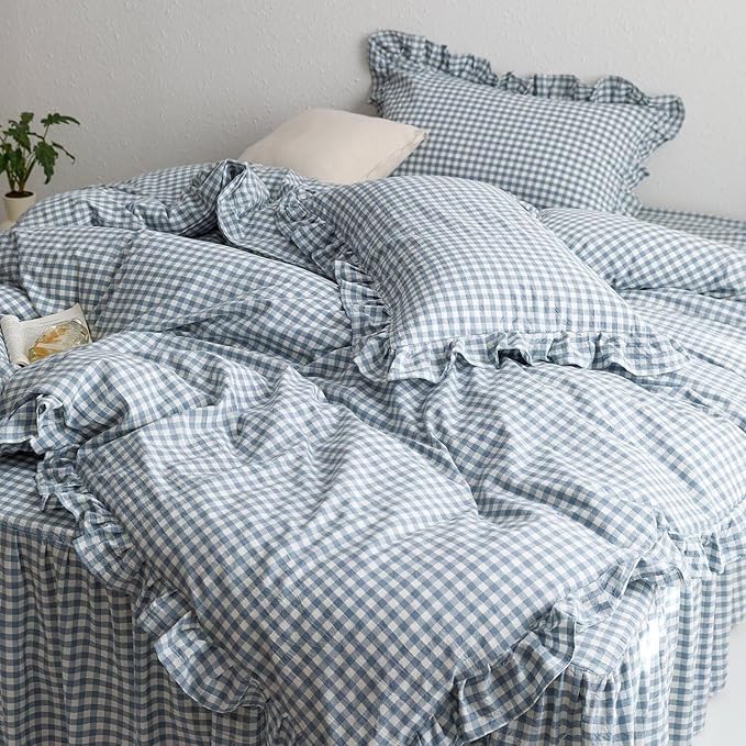 MKXI Blue and White Gingham Duvet Cover Full Size, 3-Piece Bedding Set by MKXI