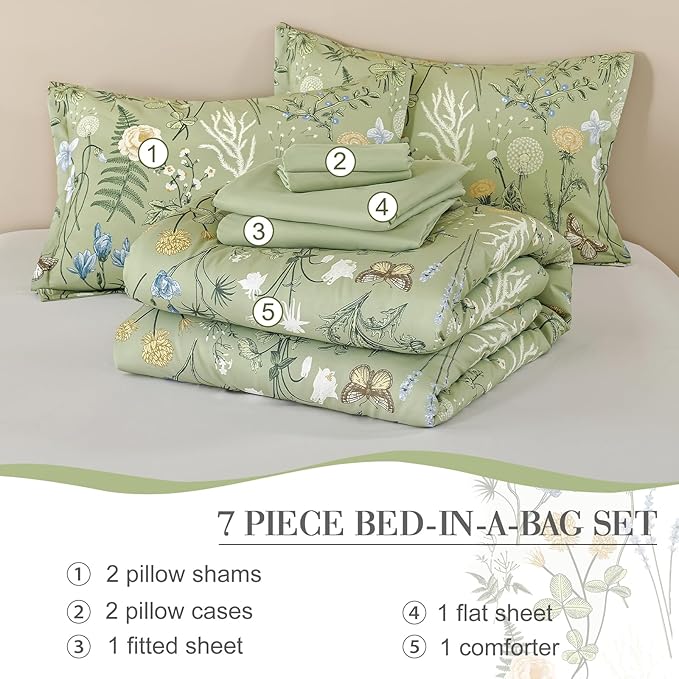 Yiran Sage Green Floral Comforter Set King Size, 7 Piece Botanical Comforter - Image 8