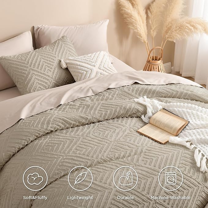 Andency Oatmeal Queen Comforter Set, Lightweight Fluffy Boho Bedding Comforter - Image 4