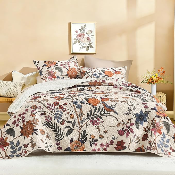 Litanika Floral Light Beige Quilt Queen Size by Litanika