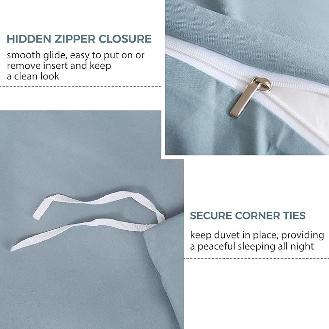 JSD Dusty Blue Duvet Cover Set Queen Size, 3 Piece Duvet Cover - Image 3