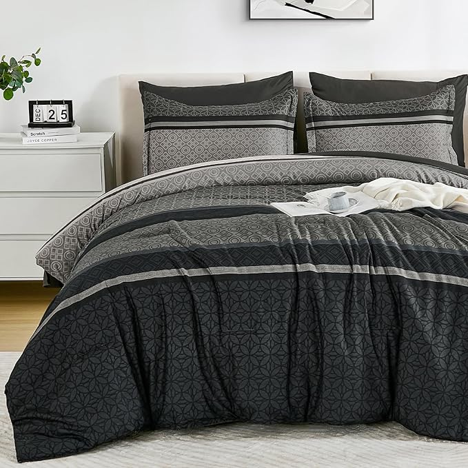 WONGS BEDDING 7 Pieces Comforter Set Queen Size, Dark Grey Black Striped Bed in by WONGSBEDDING