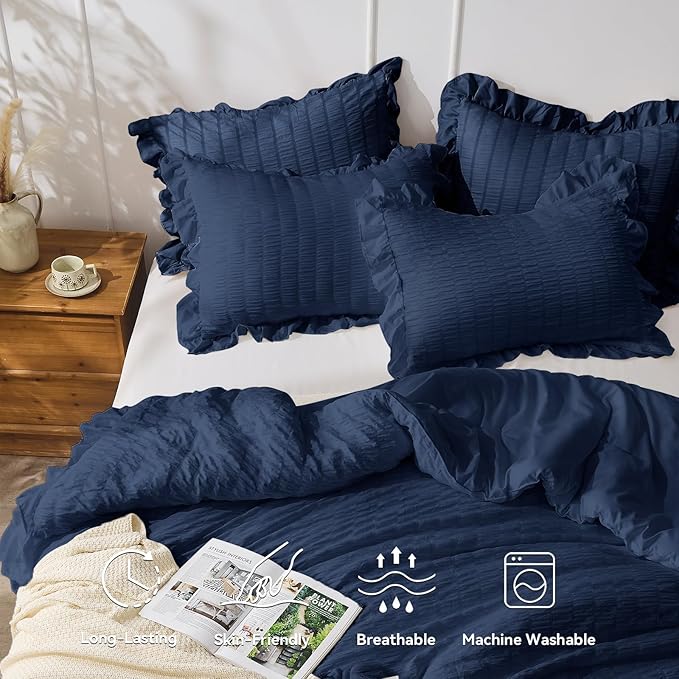 JOLLYVOGUE Navy Blue King Comforter Set, 3 Pieces Seersucker Comforters King - Image 3