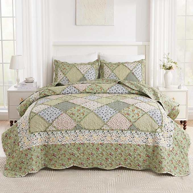 Oversized King Size Green Floral Plaid Patchwork Quilt Set 128x120 Extra Wide - Image 2