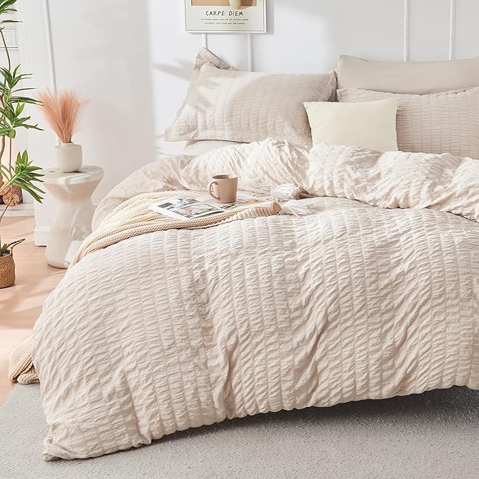 HYMOKEGE Beige Duvet Cover Queen Size, Ultra Soft 3-Piece Seersucker Duvet by HYMOKEGE