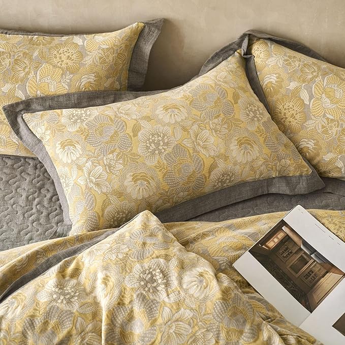 mixinni Duvet Cover King, Premium Cotton Double-Layer Yarn Golden Floral - Image 5