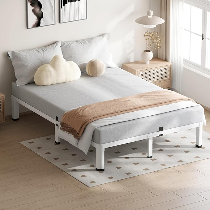 10 Inch White Queen Bed Frame, 3500Lbs Heavy Duty Metal Platform with Round Corner Legs Mattress Slide Stopper, Steel Slat Support No Box Spring Needed, Noise Free, Non-Slip, Easy Assembly