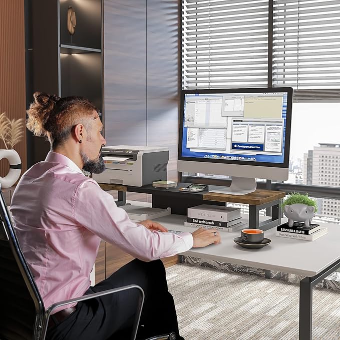 WESTREE Dual Monitor Stand Riser, Wood and Steel Monitor Stand Riser, Computer Monitor Stand for 2 Monitors, Multi-Purpose Desktop Storage Stand for Computer,Laptop,Printer,TV-DeskoryOffice