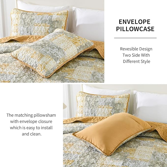 Mybedsoul Yellow Boho Quilt Set Queen Size 3 Pieces Grey and Yellow Plaid - Image 5