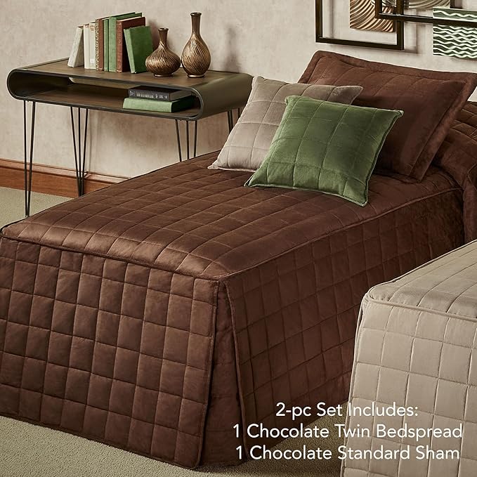 Touch of Class Camden Luxury Bedding | Neutral Chocolate Brown Color | Classic Fitted Bedspread | Faux Suede Box Quilted Design | Designed 2 Piece Set Includes Twin Bedspread and 1 Standard Sham