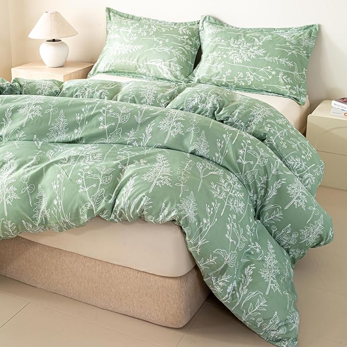 OAITE Green Duvet Cover Twin Size 3 Pieces Prewashed Cotton-Like Polyester - Image 2