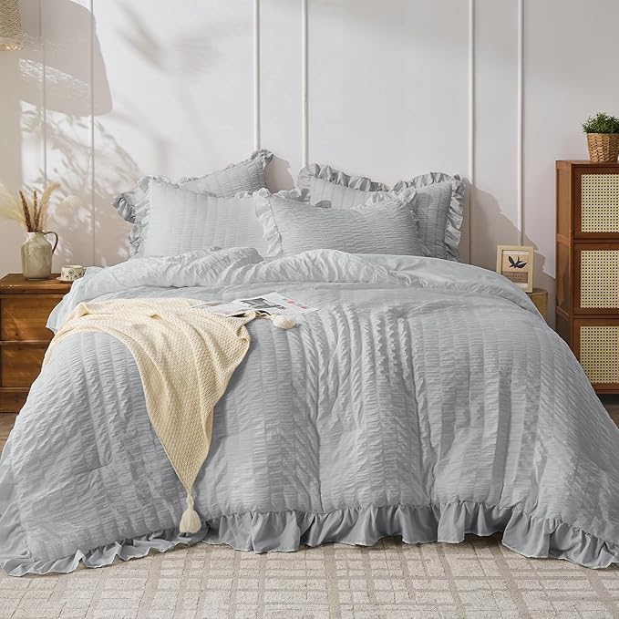 JOLLYVOGUE Light Grey Comforter Full Size, 3 Pieces Seersucker Lightweight Full by JOLLYVOGUE