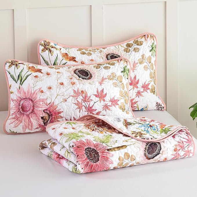 Yiran Pink Floral Quilts Queen Size, Sunflower Botanical Bedspread Bedding Set - Image 8