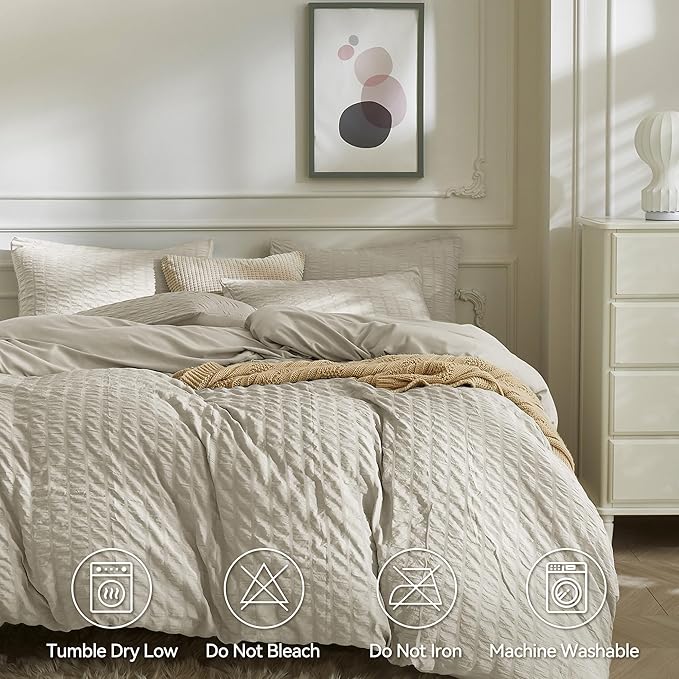 JELLYMONI Beige Duvet Cover Full Size, Soft Breathable Seersucker Duvet Cover - Image 5