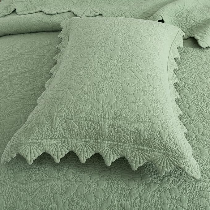 Brandream Luxury King Quilt Set Cotton Sage Green Floral Vine Stitching - Image 5