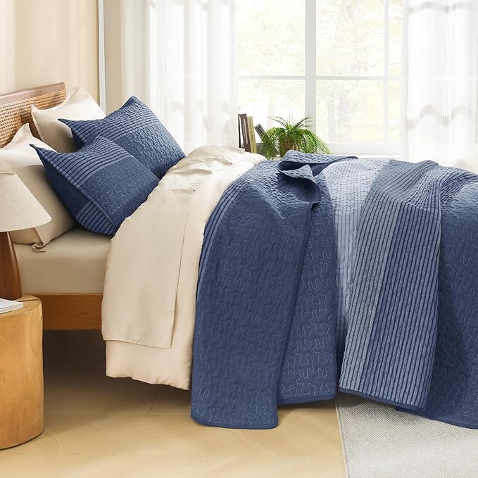 Litanika Quilt Queen Size Sapphire Blue, Stripe Patchwork Summer Bedspread - Image 2