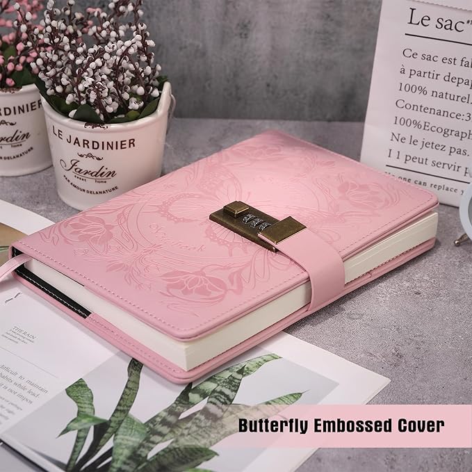 TIEFOSSI Diary with Lock for Women Girls, Lined Locked Journal, Butterfly Journal Notebook with Pen and Bookmark, A5 Refillable Locking Journals for Writing, 224 Numbered Pages-DeskoryOffice