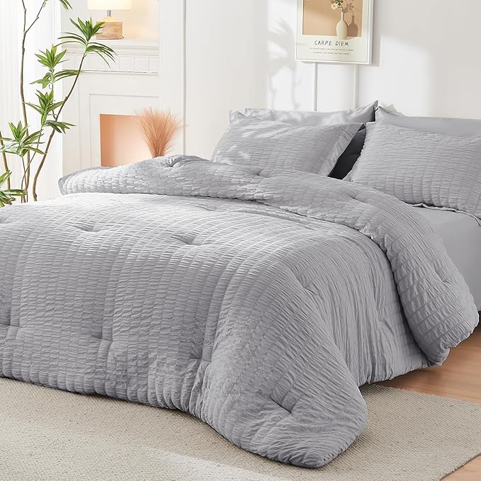 HYMOKEGE Light Grey Full Size Comforter Sets Seersucker 7 Pieces, All Season - Image 8