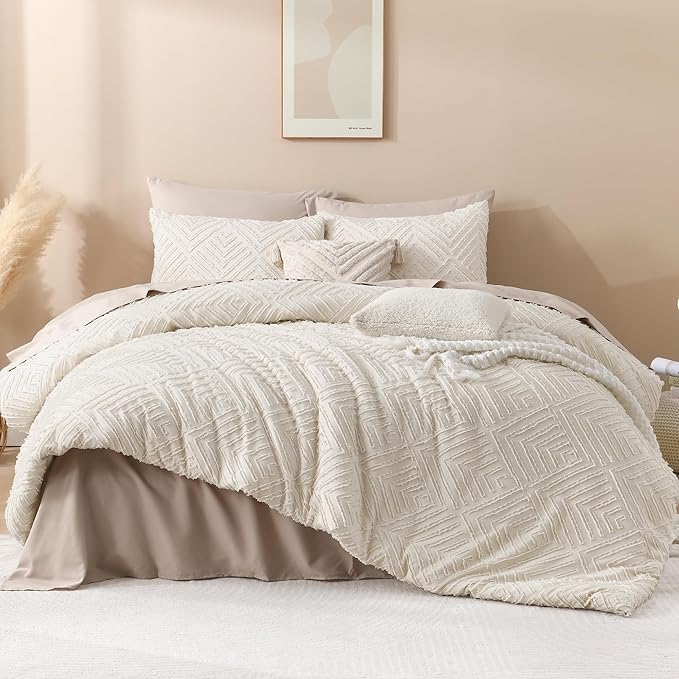 Andency Beige Boho Full Size Comforter Set, 3 Pieces Chevron Tufted Farmhouse - Image 2
