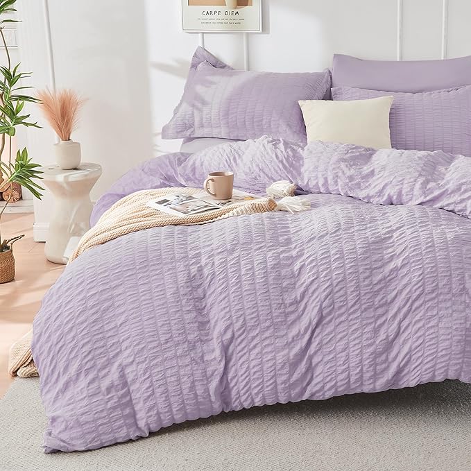 HYMOKEGE Lavender Duvet Cover Queen Size, Ultra Soft 3-Piece Seersucker Duvet by HYMOKEGE