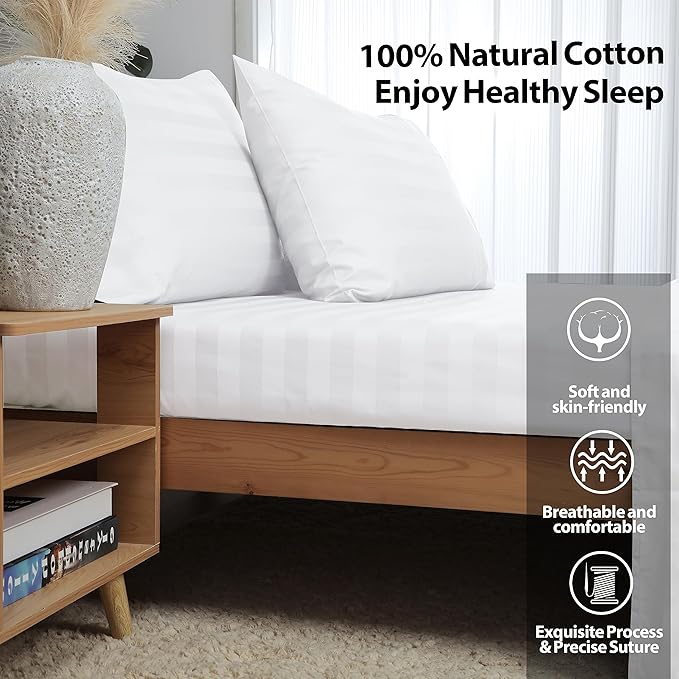 Queen Size Striped Fitted Sheet Only White Color, 100% Egyptian Cotton 600 - Image 3